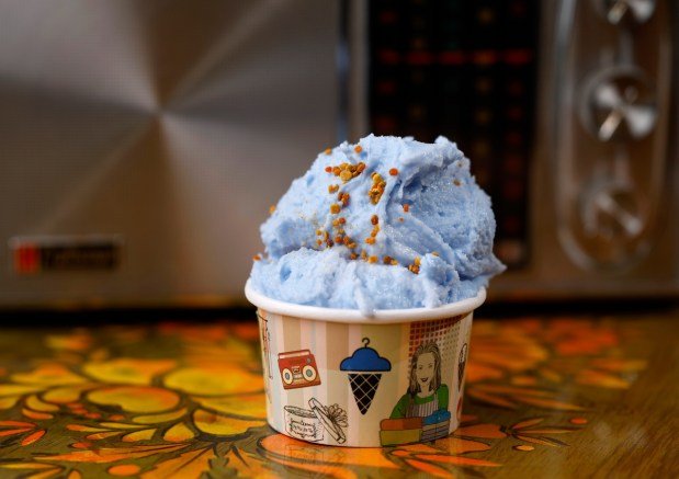 Bluetooth, a coconut and blue spirulina vegan gelato at An's Electronics Repair, a gelato shop in Ocean Beach on Tuesday, April 15, 2025. (K.C. Alfred / The San Diego Union-Tribune)
