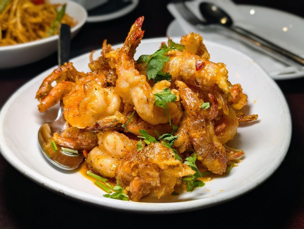Crispy golden prawns.