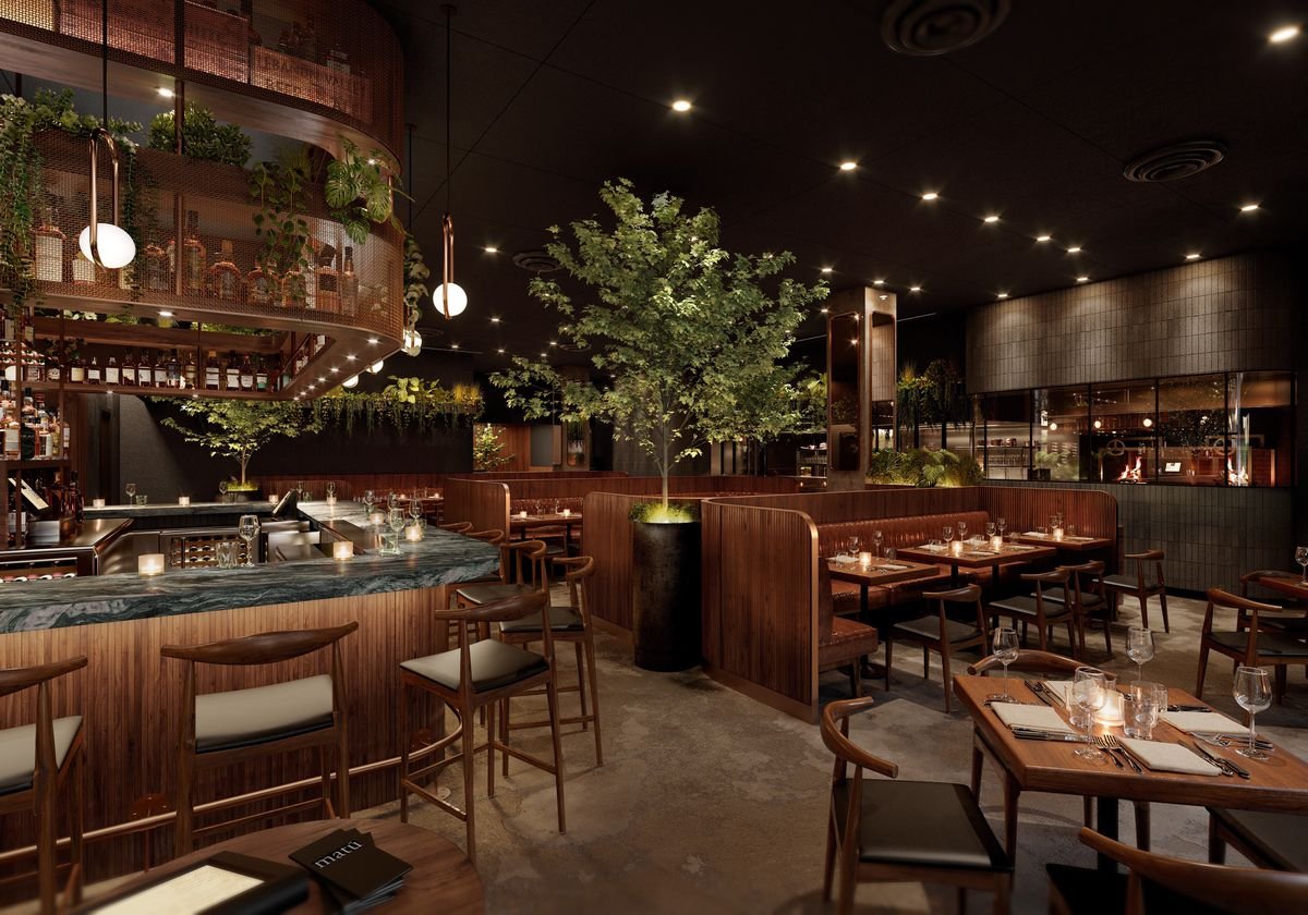 Rendering of Matu Kai in Brentwood with walnut booths, indoor plants, and a green stone bar.