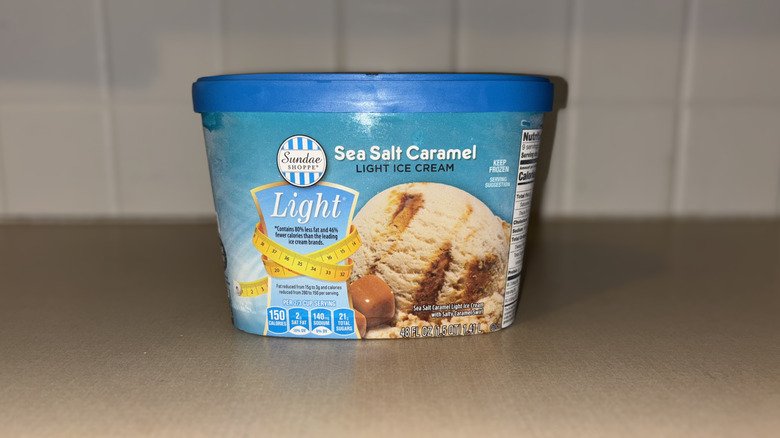 Carton of light sea salt caramel ice cream