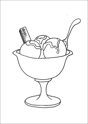 an ice cream sundae in a glass bowl with spoons on the side coloring page