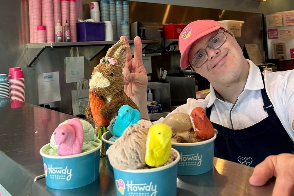 Image shows a server and scoops of ice cream at Howdy Homemade ice cream in Texas.