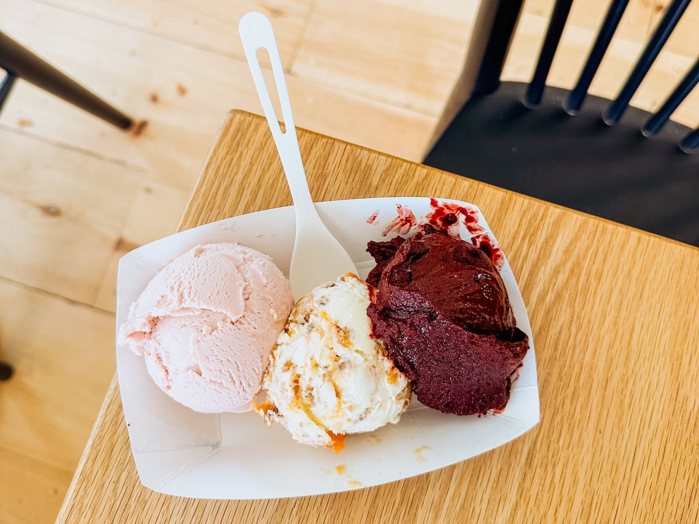 From left to right, strawberry fields, peach crisp, and honeyberry sorbet from Super Secret Ice Cream, a tiny shop in Bethlehem, N.H.